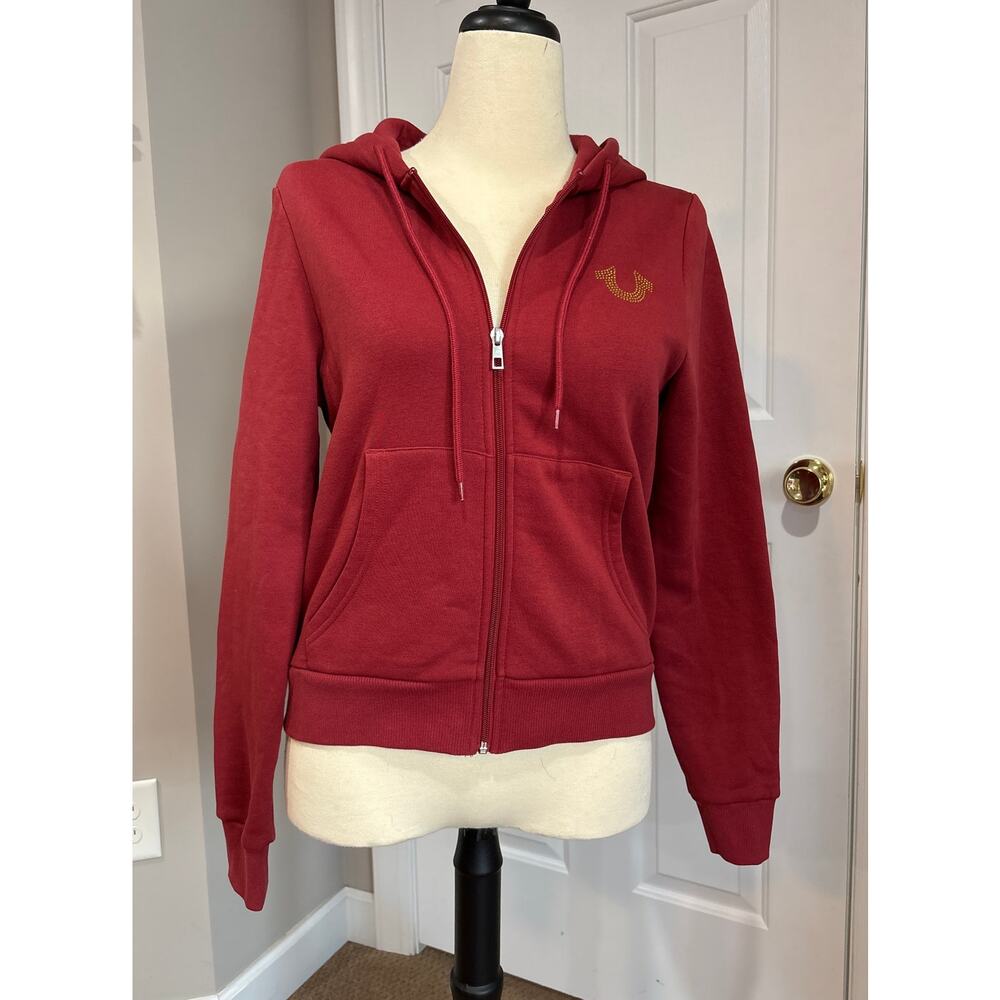 True Religion Zip Up Hoodie Size L Women's Crystal Metallic Gold Logo